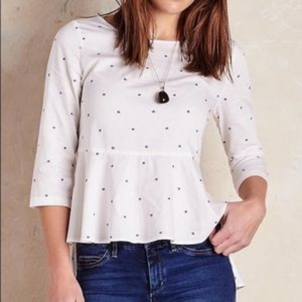 ANTHROPOLOGIE Maeve Ruffle White Blue Dot Shirt Long Sleeve